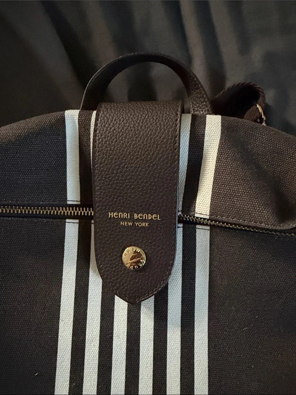 henri bendel Brown Canvas Backpack with White Vertical Stripes - Picture 3 of 5